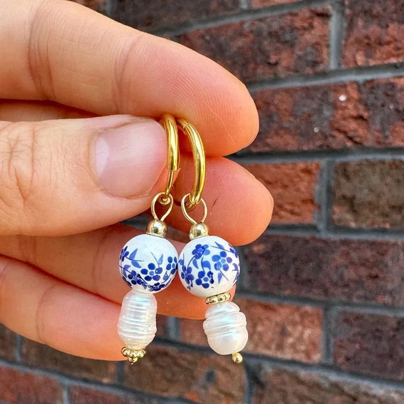 Anthropologie Porcelain Portofino Stainless Steel Pearl Earrings - Picture 5 of 10